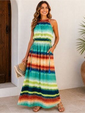 Taylor Tie Dye Maxi Dress Size 4 Boho Sleeveless Halter Beach Vacation Tassels